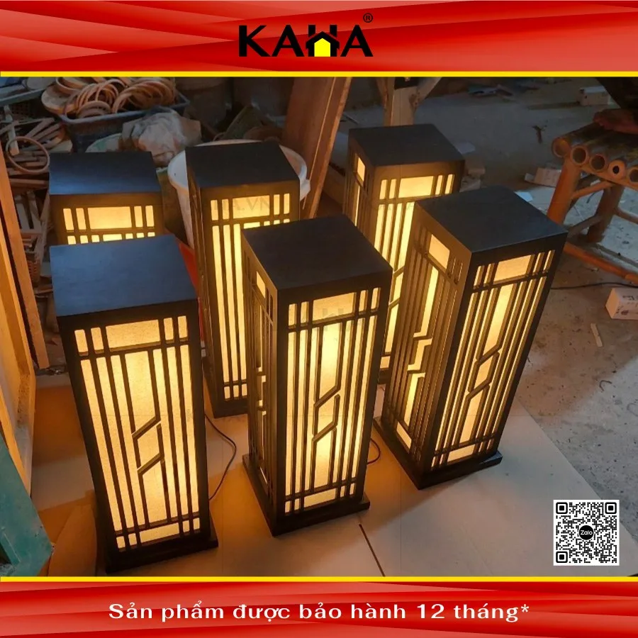 đèn gỗ kiểu Nhật khung ô lưới andon trụ vuông xưởng Kaha thực tế