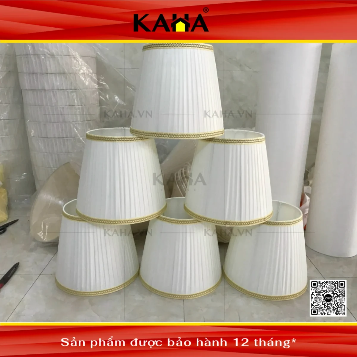 chụp đèn vải trắng xếp ly viền vàng bộ lớn xưởng sản xuất kaha