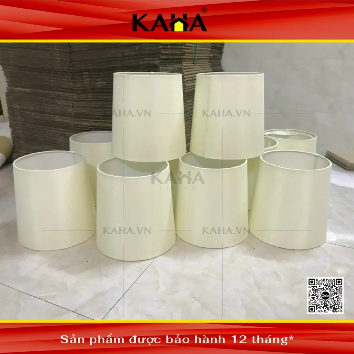 chụp đèn vải kem trụ tròn bộ lớn xưởng sản xuất nhiều chiếc kaha