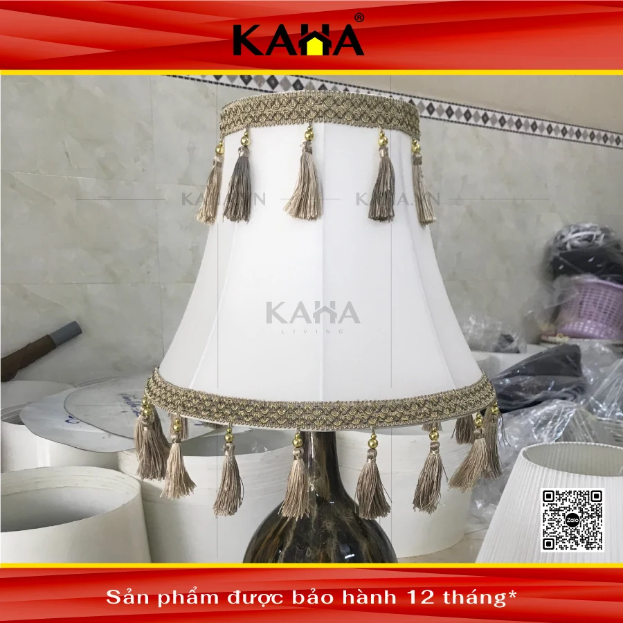 chụp đèn vải trắng tua rua vàng cổ điển sang trọng trang trí nội thất kaha