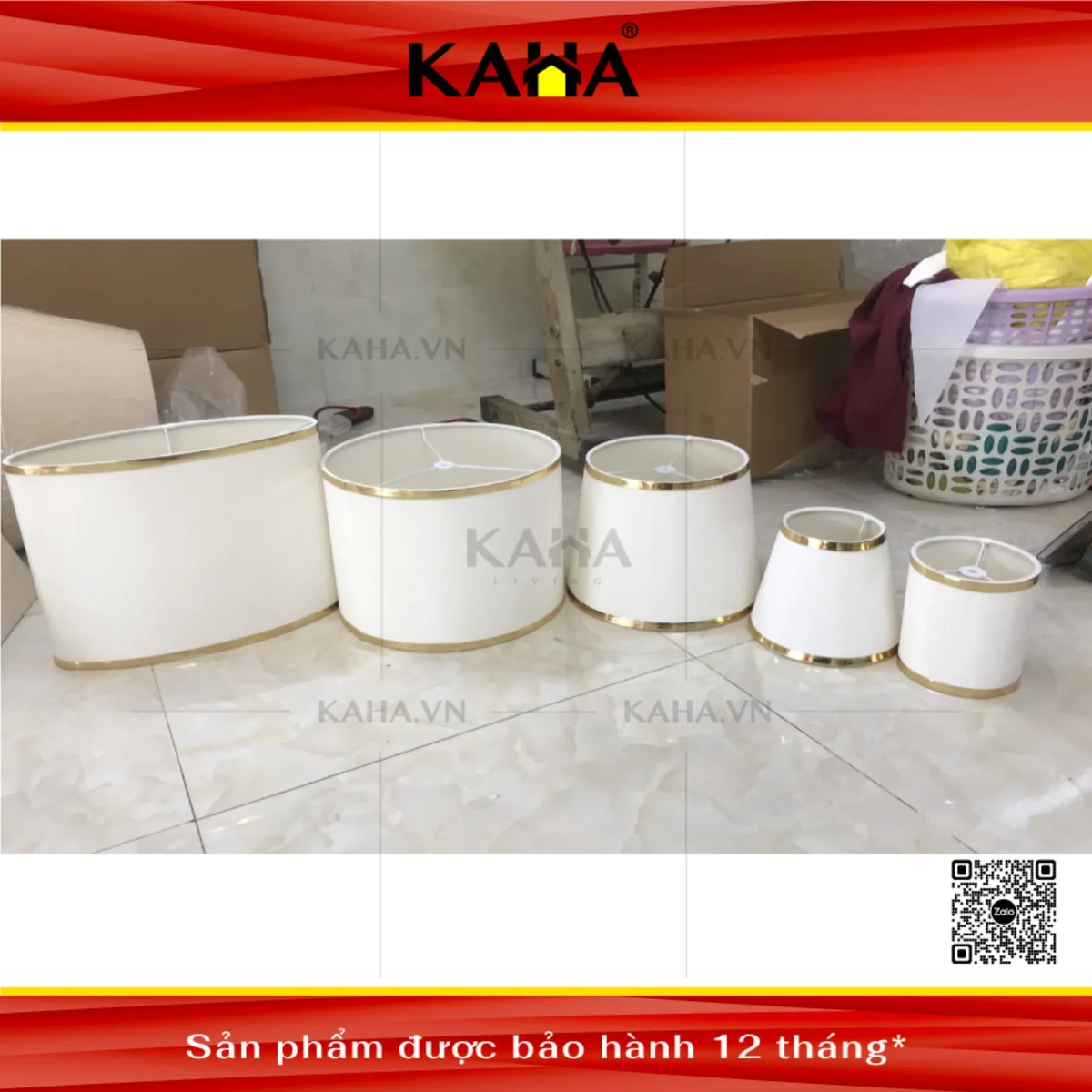 chụp đèn vải trắng viền vàng nhiều kích thước xưởng sản xuất kaha