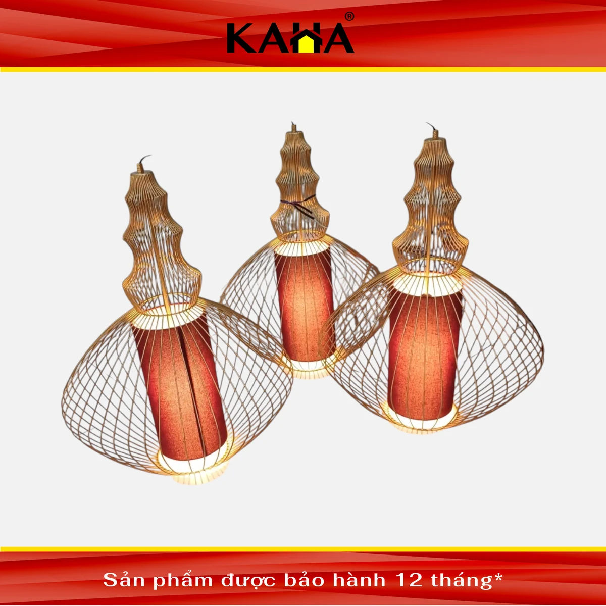 đèn thả tre khung lưới bọc vải đỏ treo nhóm ba trang trí nhà hàng kaha
