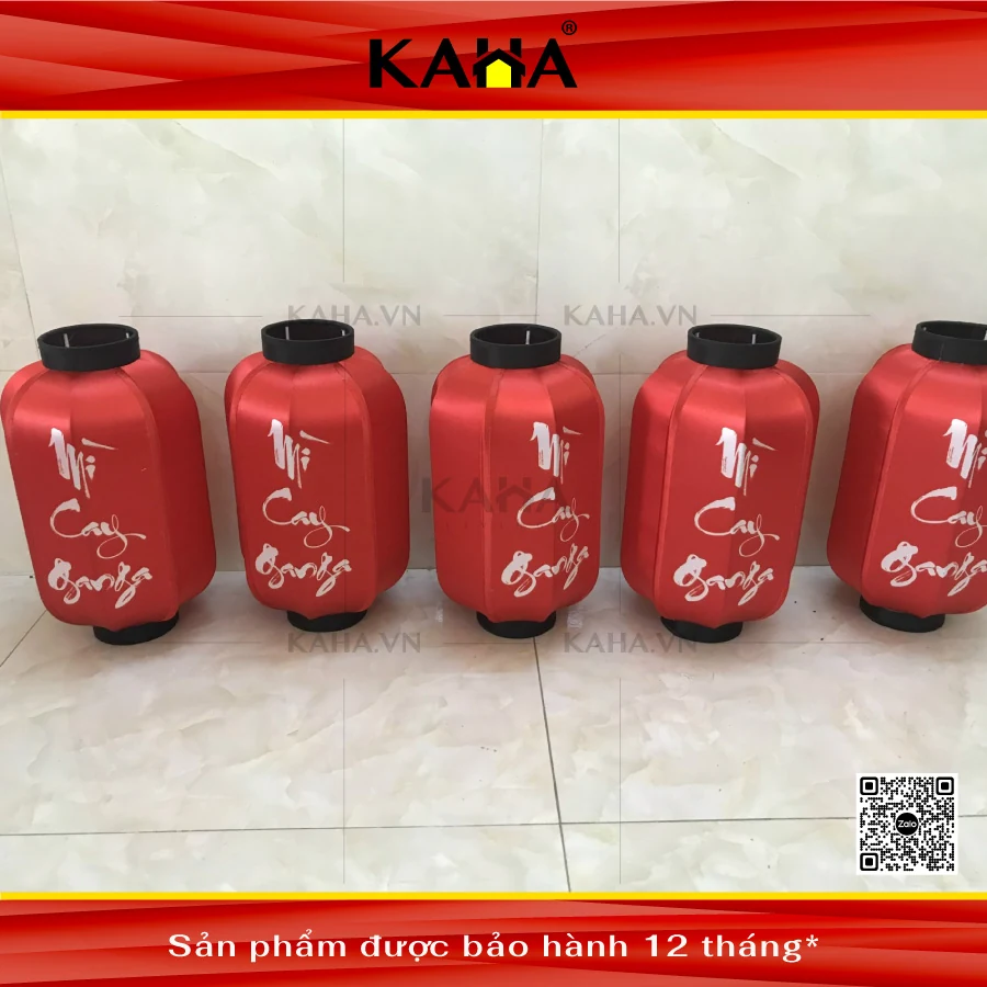 đèn lồng vải đỏ hình trụ in tên quán bộ năm chiếc trang trí nhà hàng kaha