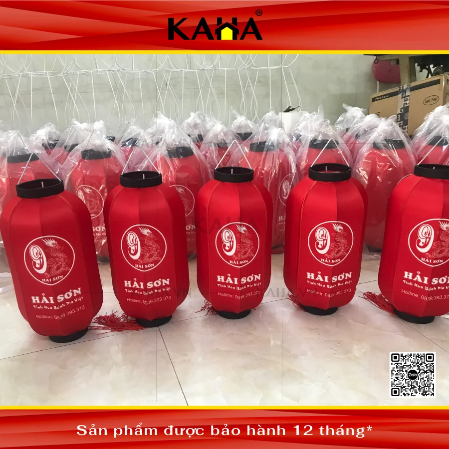 đèn lồng vải đỏ hình trụ in thương hiệu hải sản lô lớn xưởng kaha