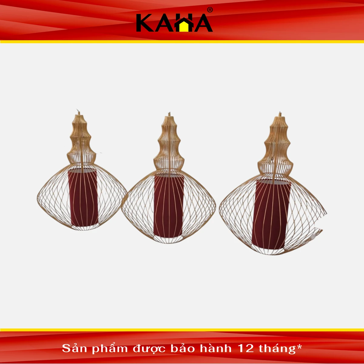 đèn khung tre lưới bọc vải đỏ bộ ba sang trọng trang trí nội thất kaha
