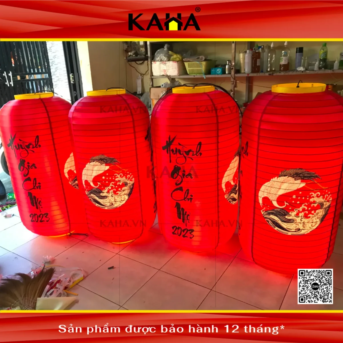 đèn lồng vải đỏ hình trụ lớn thư pháp cá koi bộ bốn trang trí kaha