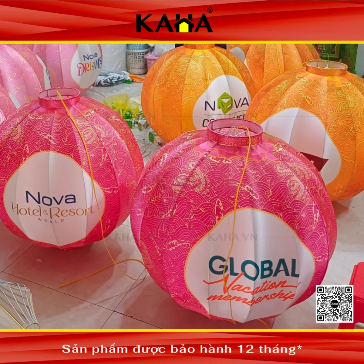 đèn lồng vải hồng cam có logo trang trí tiệc hội trường doanh nghiệp kaha