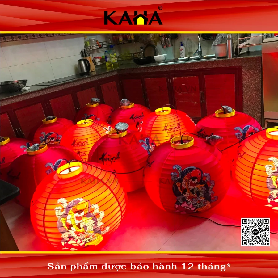 đèn lồng vải đỏ hình tròn in họa tiết truyền thống lô lớn bếp nhà hàng kaha