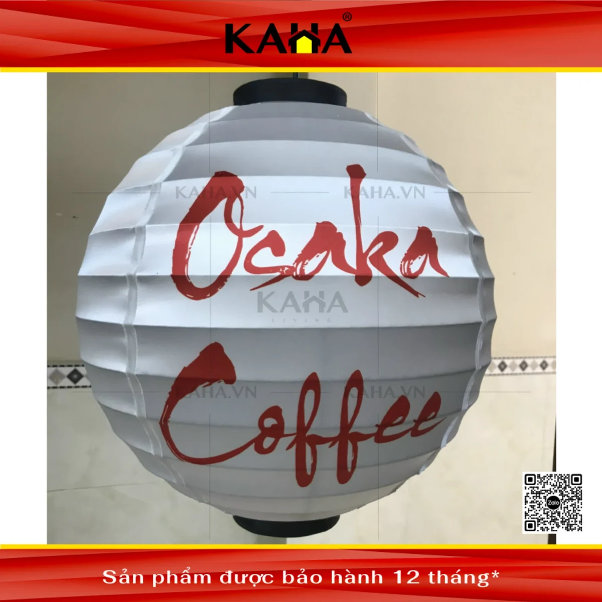 đèn lồng vải trắng tròn lớn in logo cà phê thương hiệu trang trí kaha